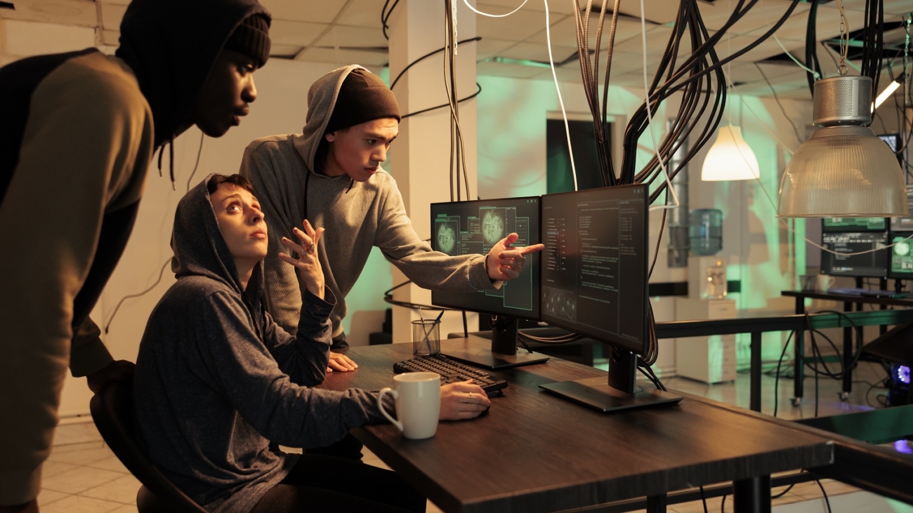 Internet technology security specialists team fixing computer system cyberattack, developers coding antivirus program script. Diverse coders programming cybersecurity app at night time