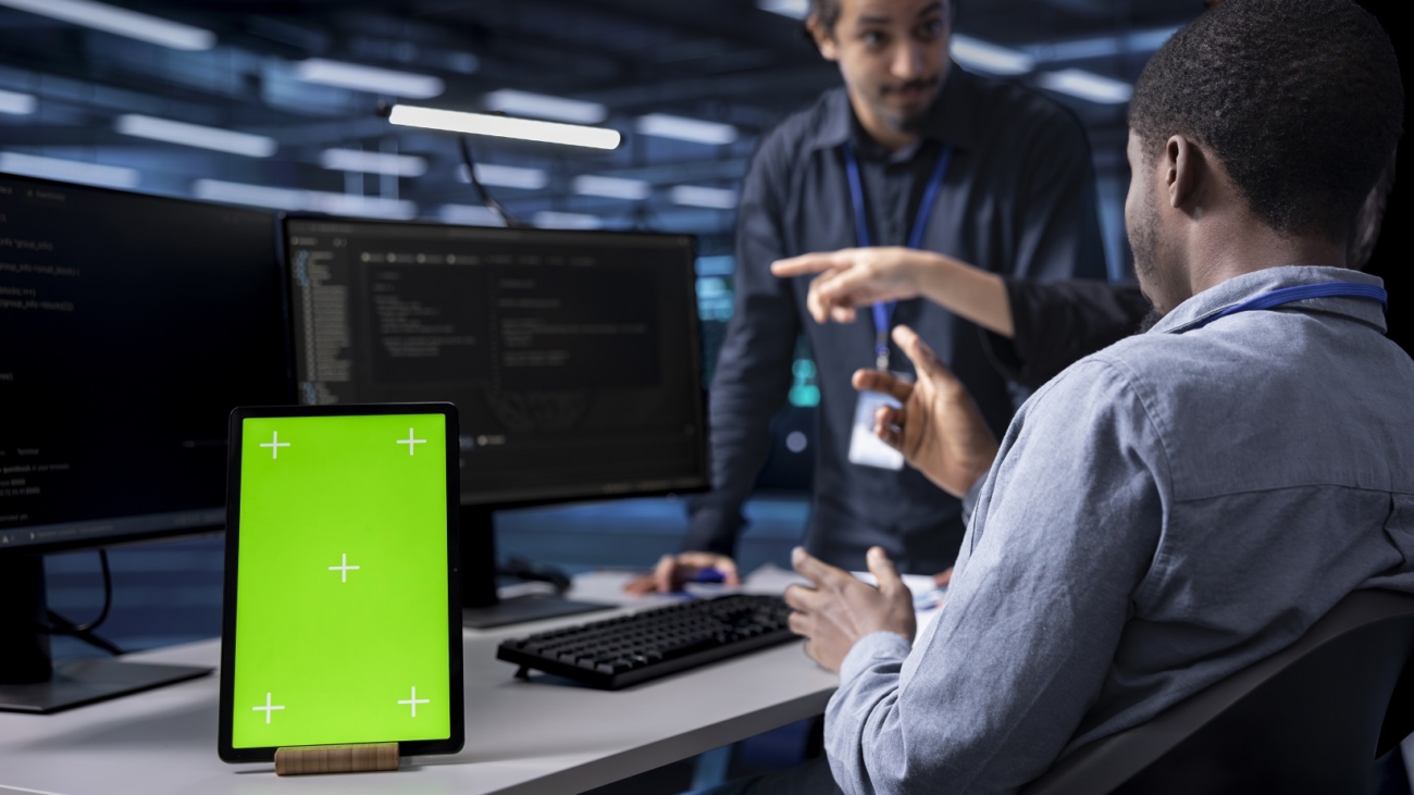 Multiethnic team using green screen tablet to oversee servers used for managing databases. Diverse staff members collaborating while working on mockup device in data center storing information